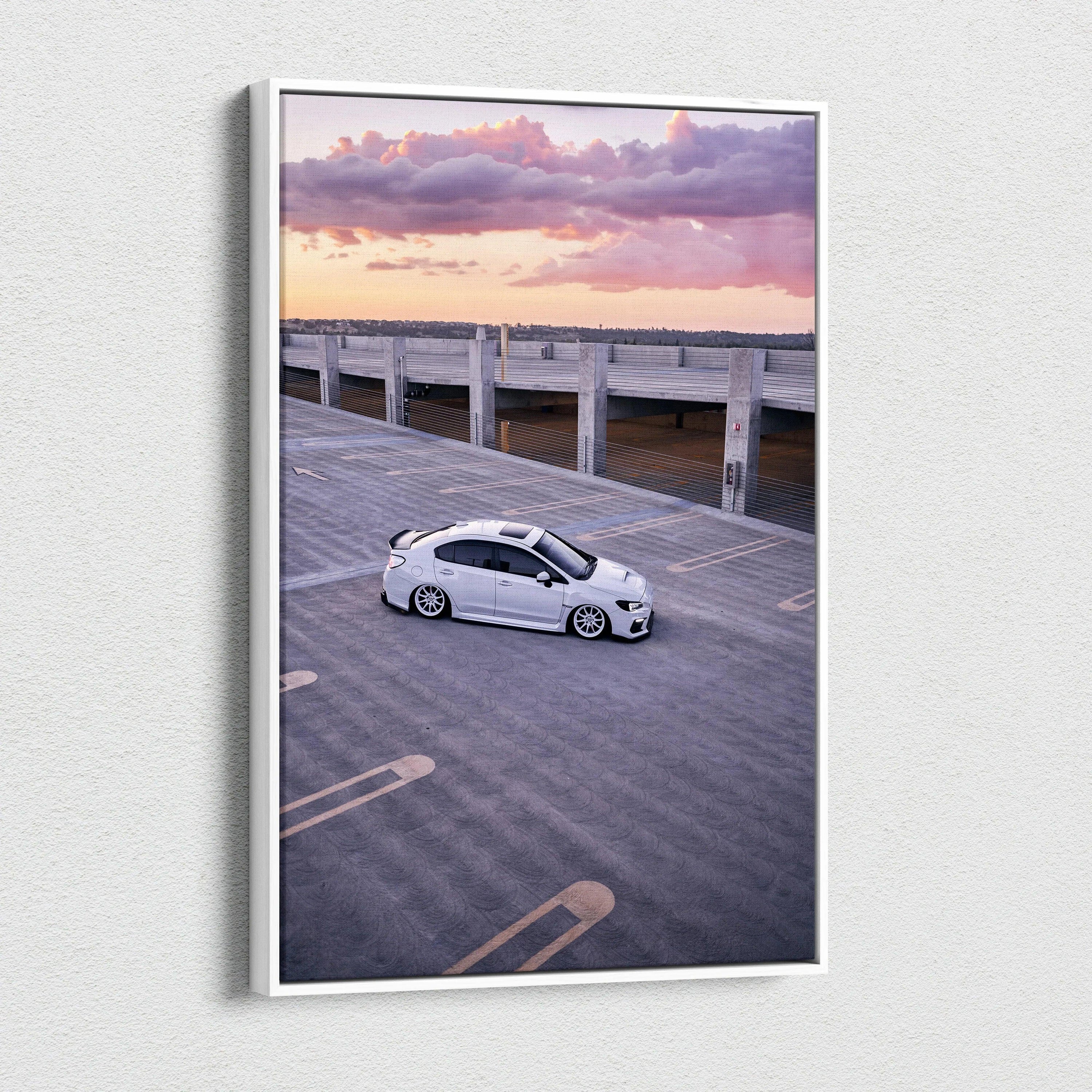 Subaru WRX parked under purple sunset clouds on vertical canvas wall art.