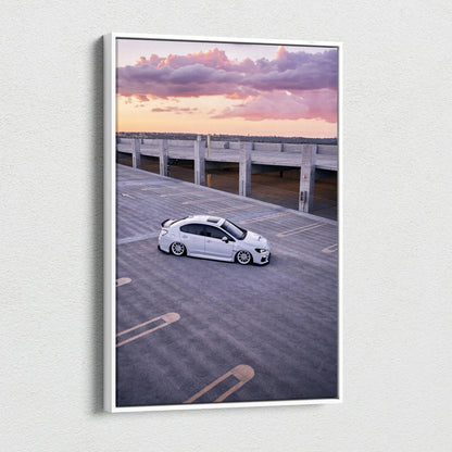 Subaru WRX parked under purple sunset clouds on vertical canvas wall art.