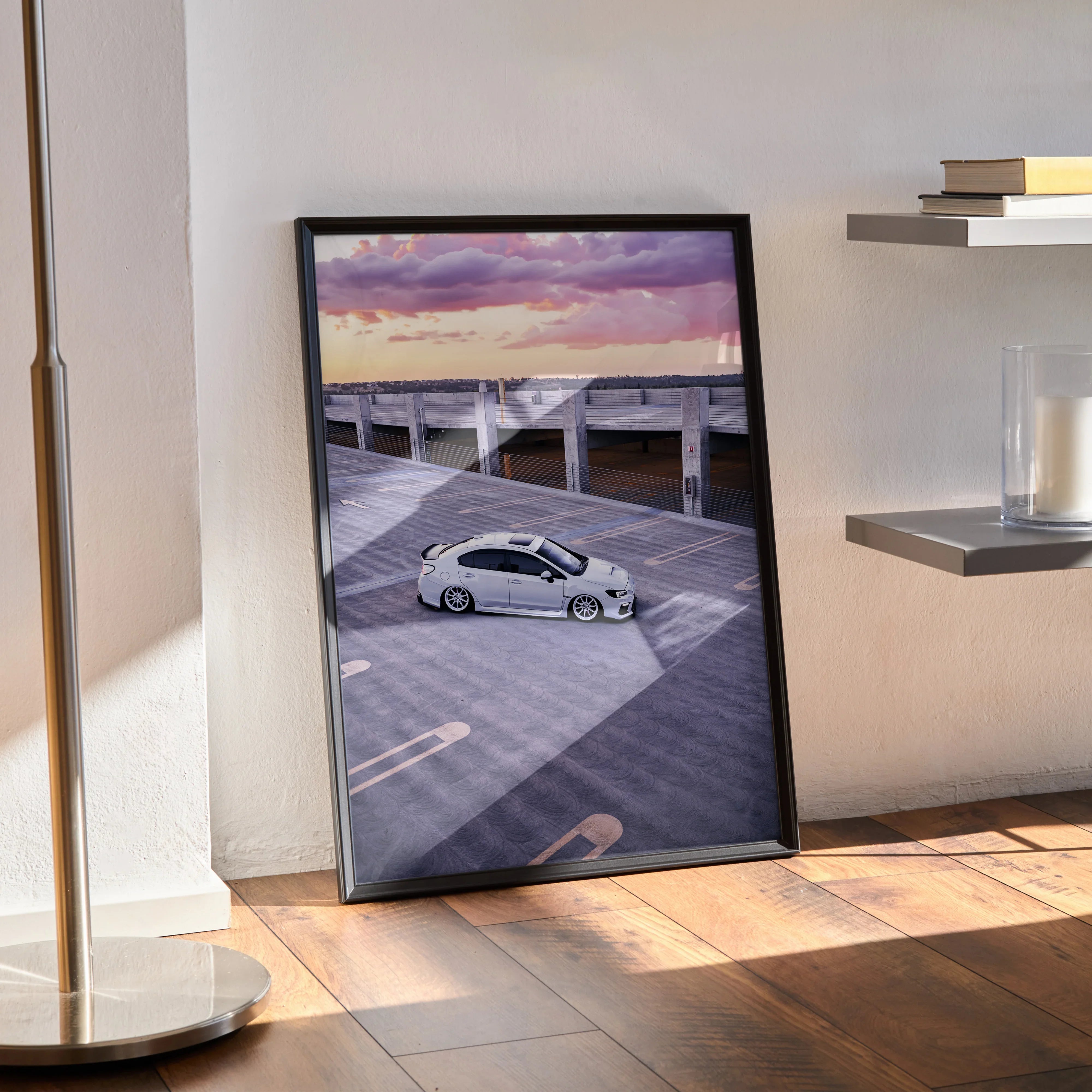 Subaru WRX poster wall art featuring a silver car parked on a rooftop at sunset with purple and orange sky.