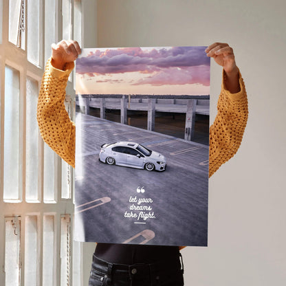 Subaru WRX poster with white car on pier at sunset motivational wall art.