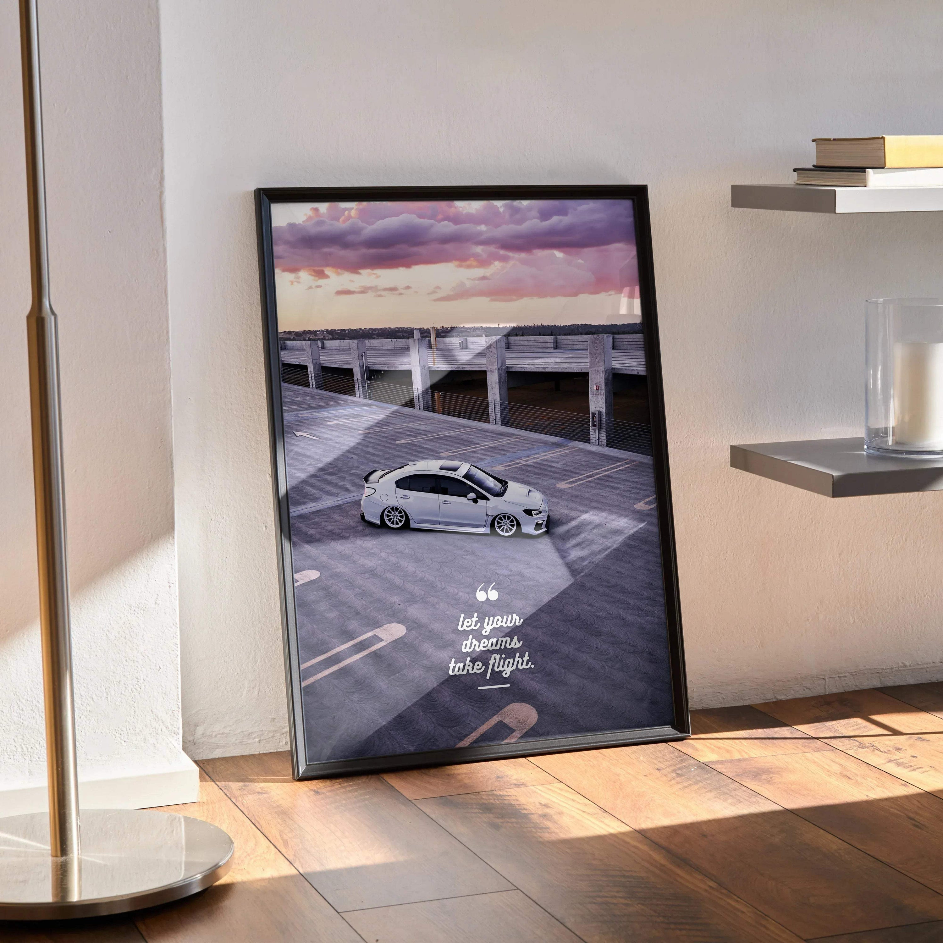 Framed Subaru WRX motivational poster wall art with sunset parking lot scene and inspiring text.