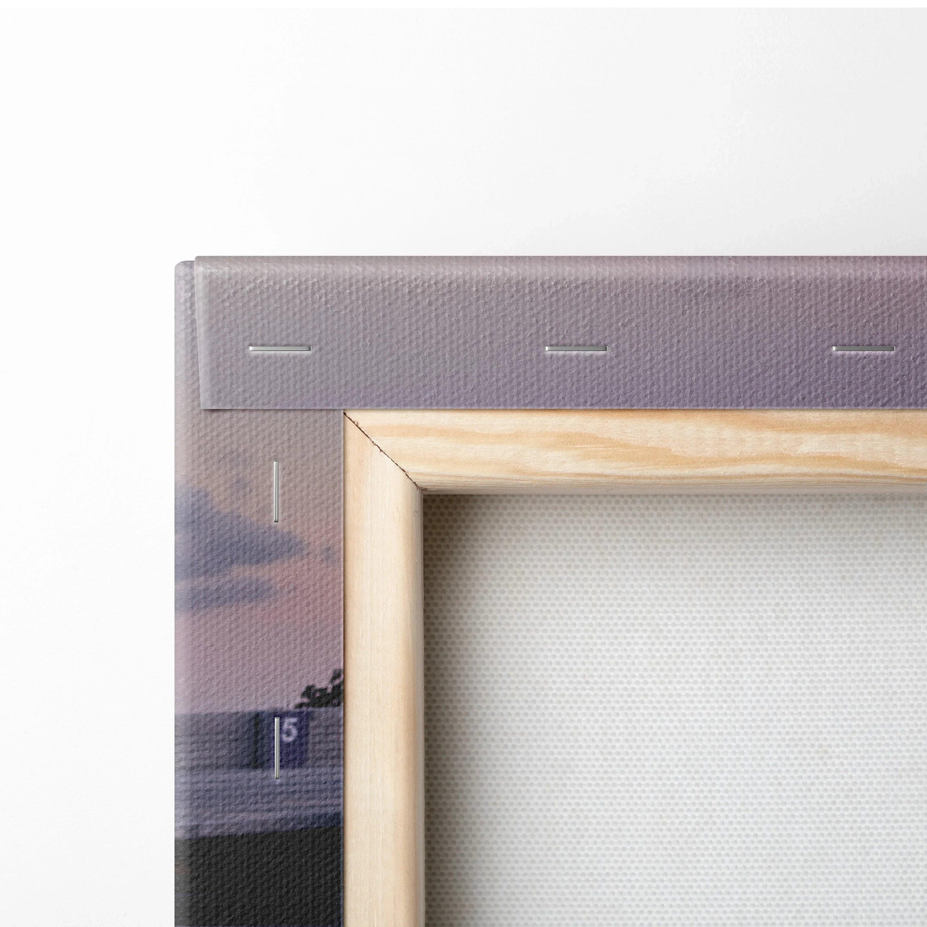 Close-up of wooden frame and canvas edge of high-resolution Subaru WRX vertical canvas wall art.