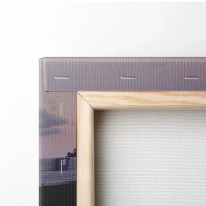 Close-up of wooden frame and canvas edge of high-resolution Subaru WRX vertical canvas wall art.