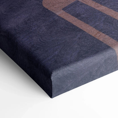 Close-up of textured canvas art corner with dark blue and brown geometric design for wall art display.