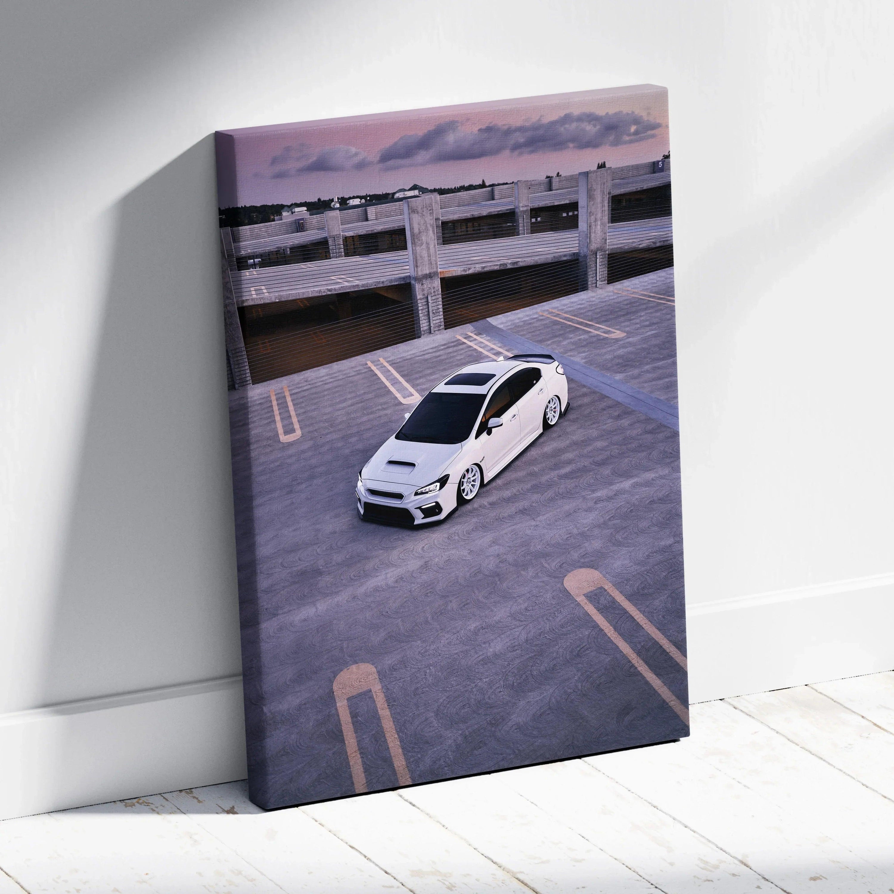 Subaru WRX car parked on rooftop at sunset vertical canvas wall art print.