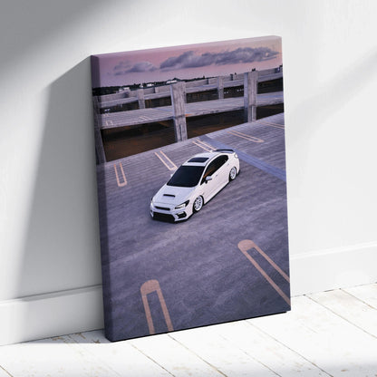 Subaru WRX car parked on rooftop at sunset vertical canvas wall art print.