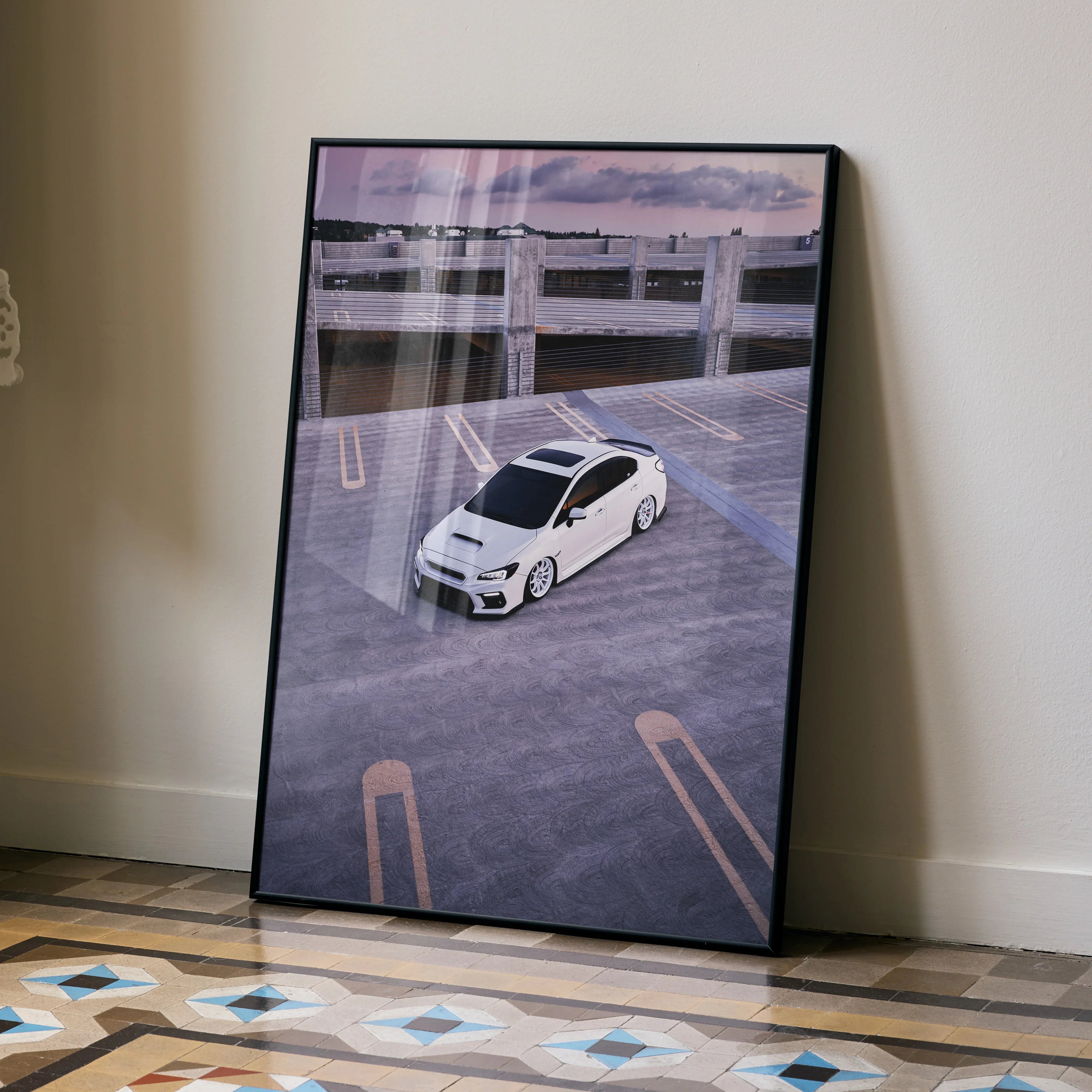 Subaru WRX white car parked in rooftop lot modern poster wall art print.
