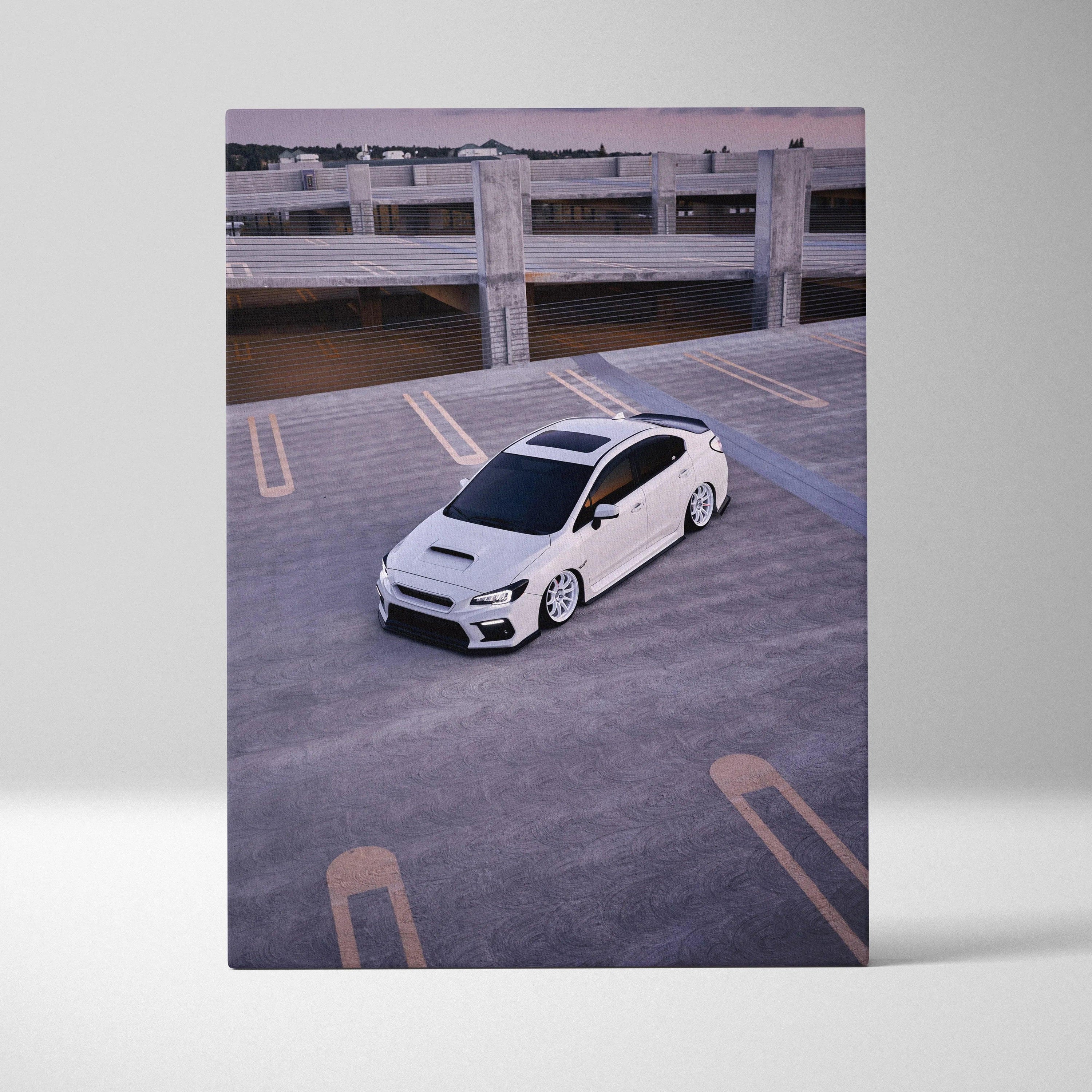 Subaru WRX white sports car on rooftop parking canvas wall art print.