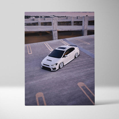 Subaru WRX white sports car on rooftop parking canvas wall art print.