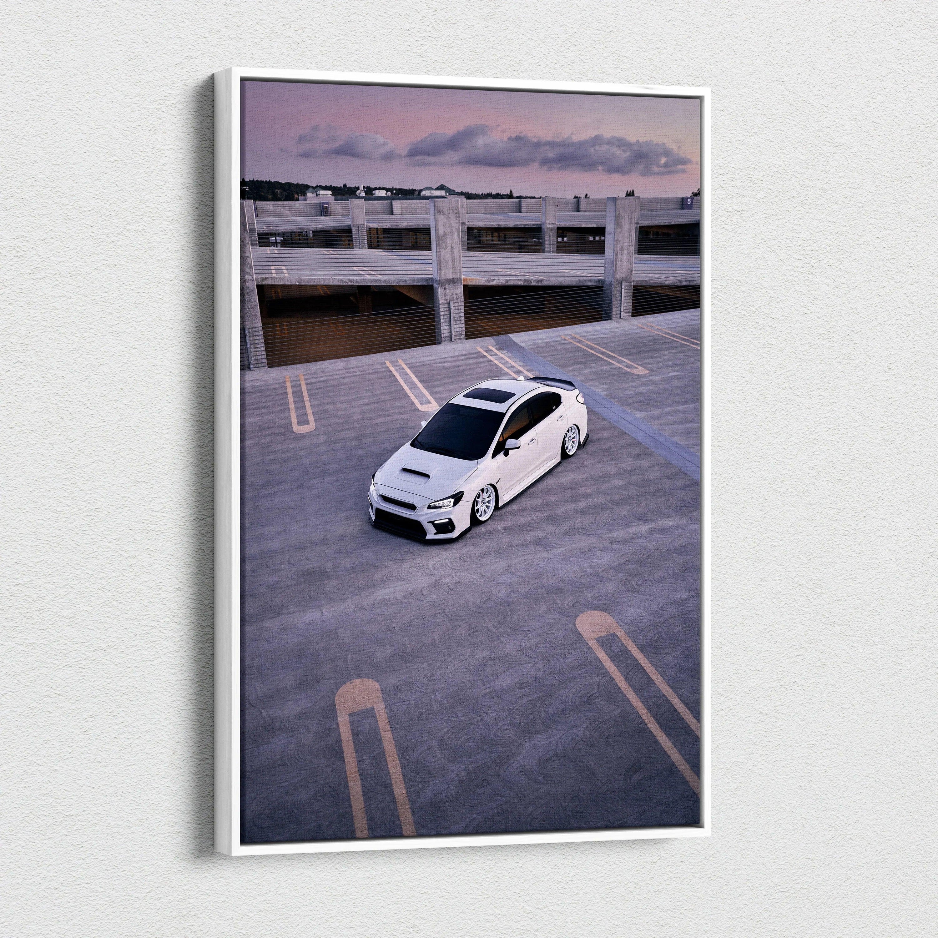 Subaru WRX car on rooftop parking canvas art with muted purple sky, vertical wall art.
