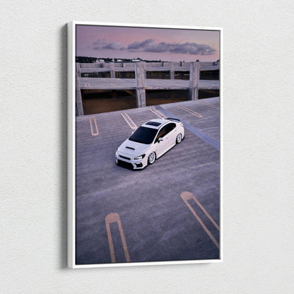 Subaru WRX car on rooftop parking canvas art with muted purple sky, vertical wall art.
