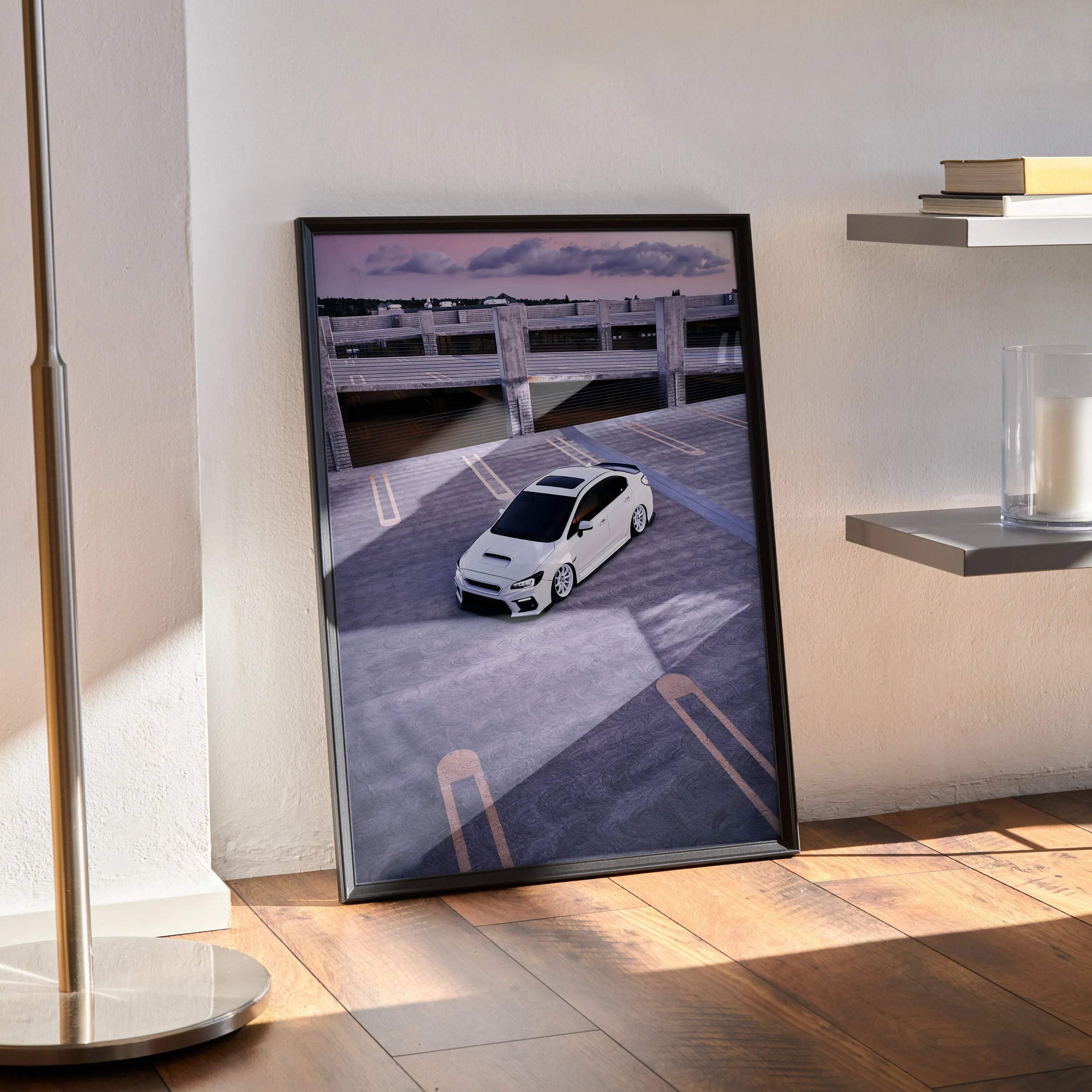 Framed Subaru WRX poster in white, angled in parking garage with purple sky, modern wall art print.