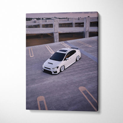 White Subaru WRX car on gray concrete parking lot canvas wall art in vertical format.