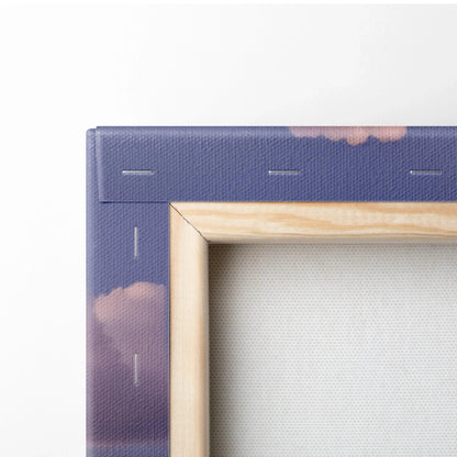 Close-up of wooden-framed canvas wall art showing detailed canvas texture and stapled edges.