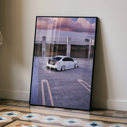 Subaru WRX art poster with white car on rooftop parking, stylish automotive wall art.