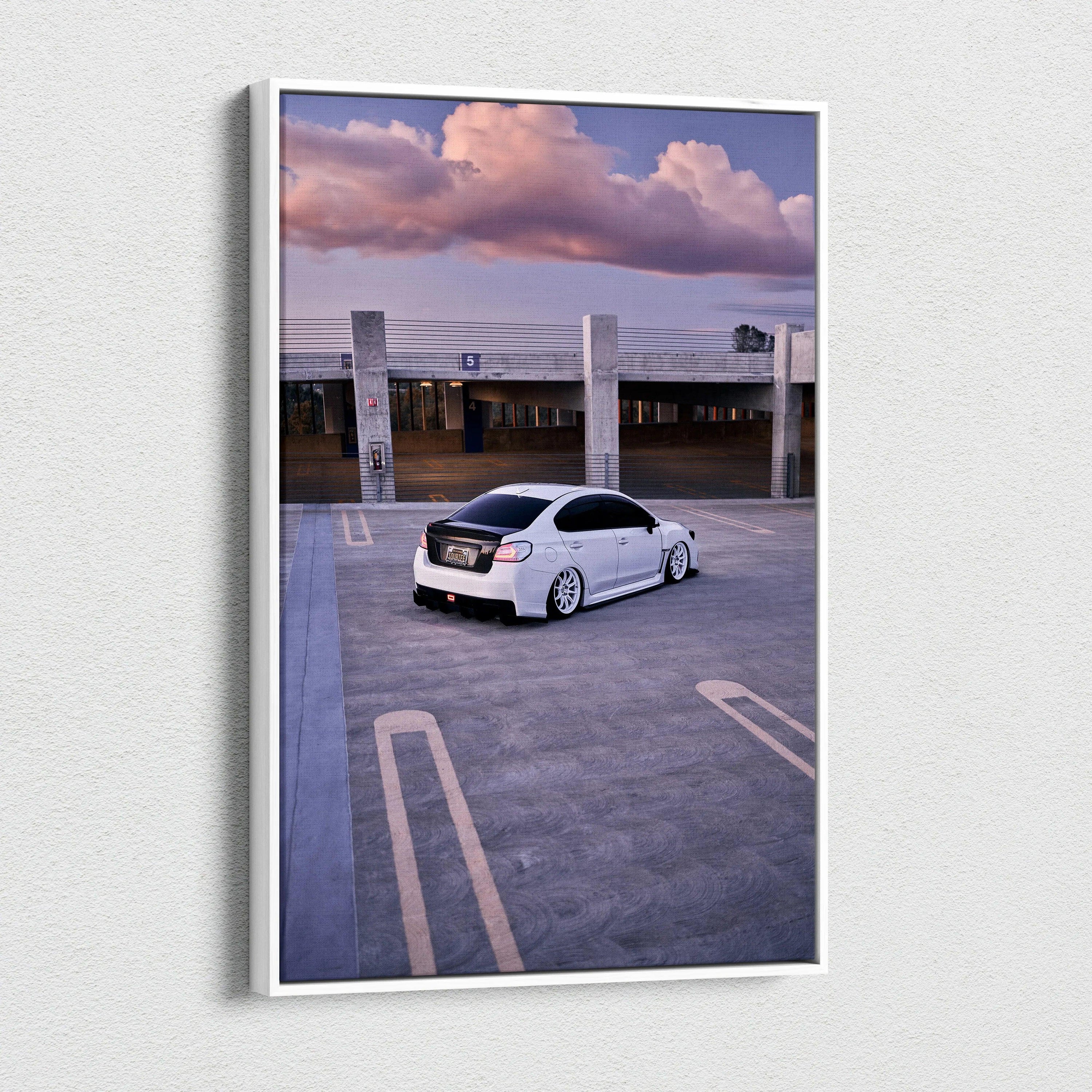 Vertical Subaru WRX car canvas wall art with sunset sky, museum-quality canvas art print.