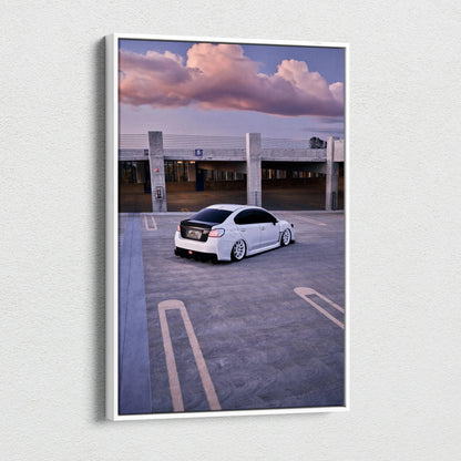 Vertical Subaru WRX car canvas wall art with sunset sky, museum-quality canvas art print.