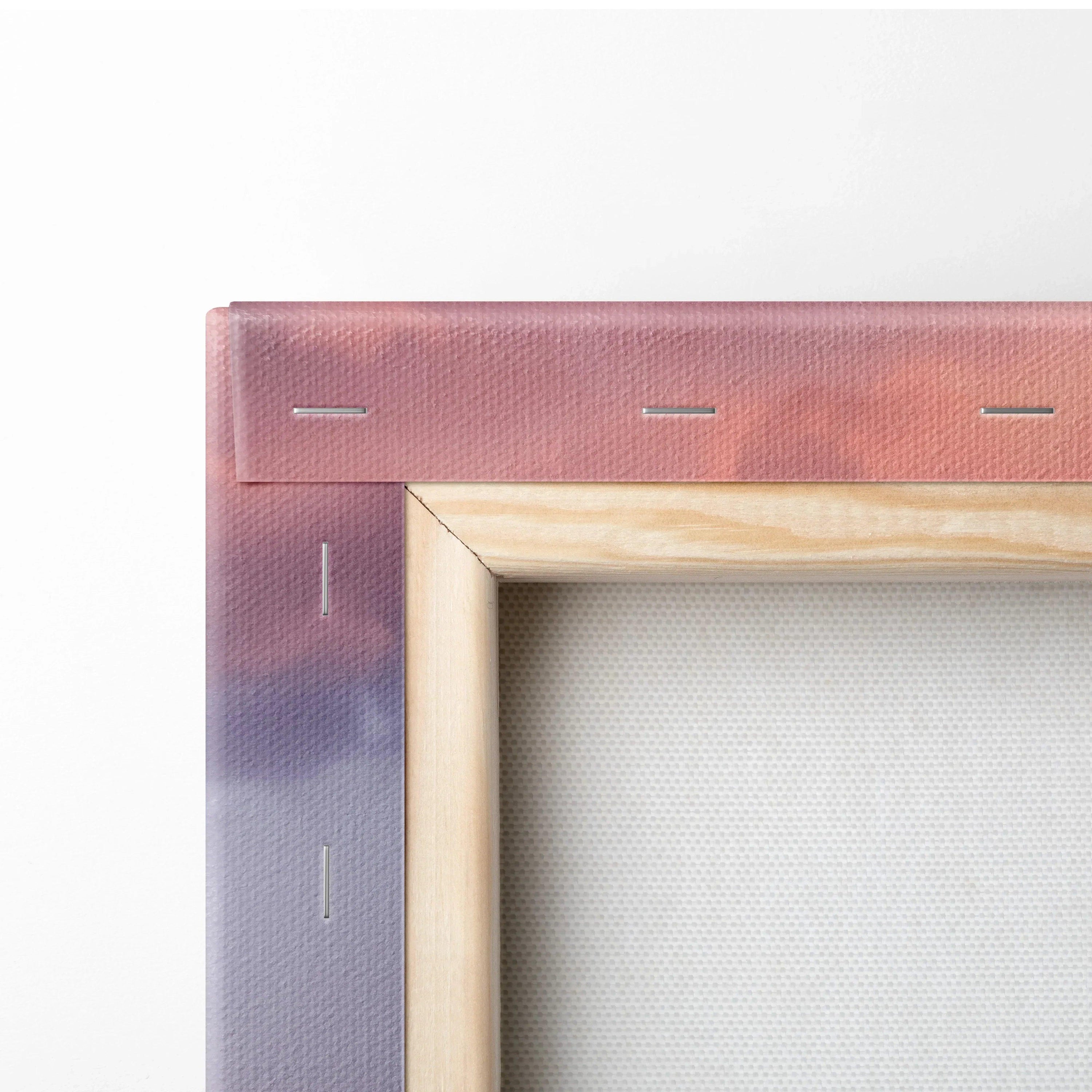Close-up of wooden frame and stapled edge on vertical Subaru WRX canvas art wall print.
