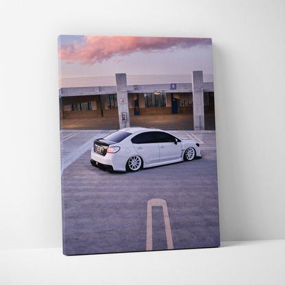 Vertical Subaru WRX canvas art showing white sports car in parking garage at sunset wall art.