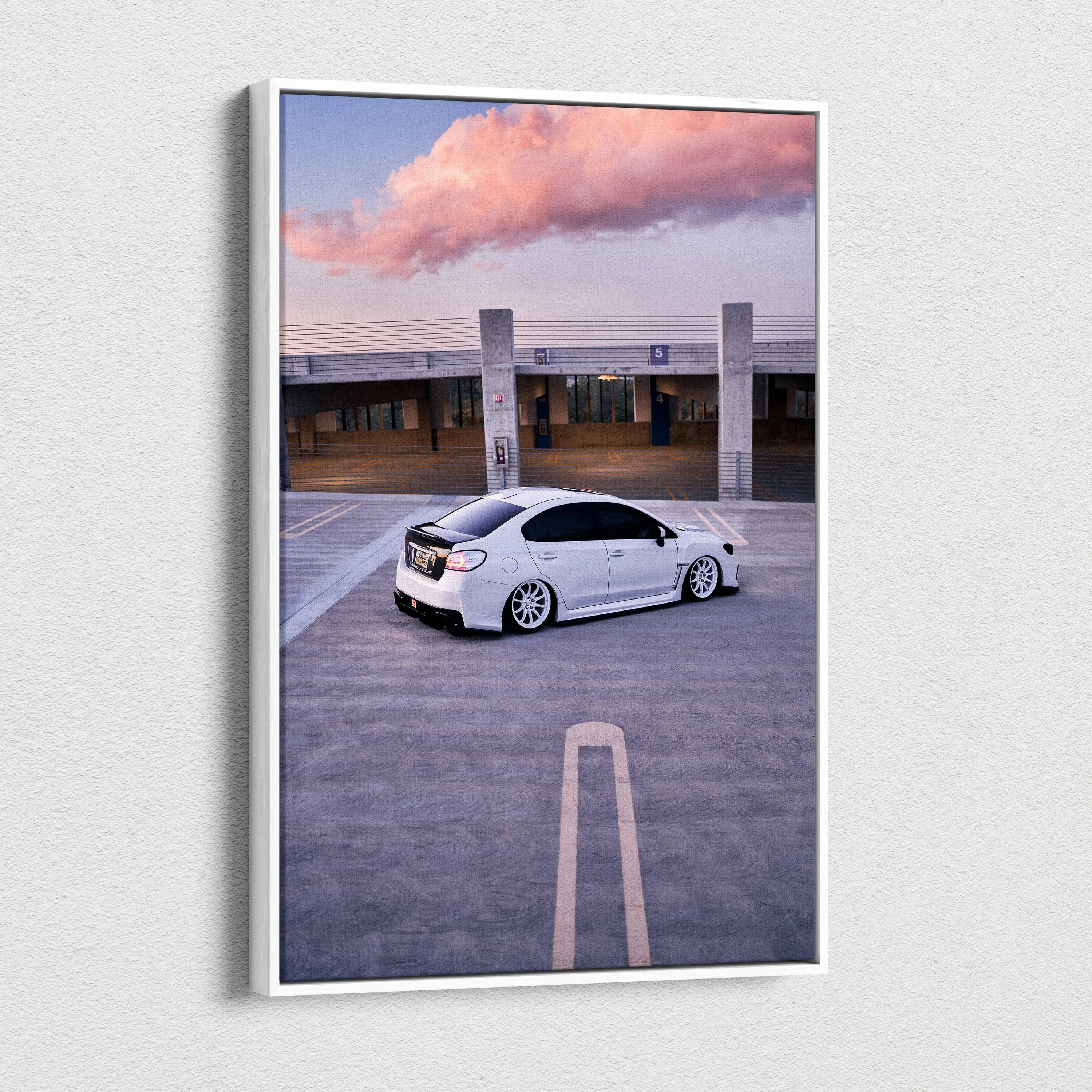 Subaru WRX white car parked in empty lot at sunset canvas wall art print.