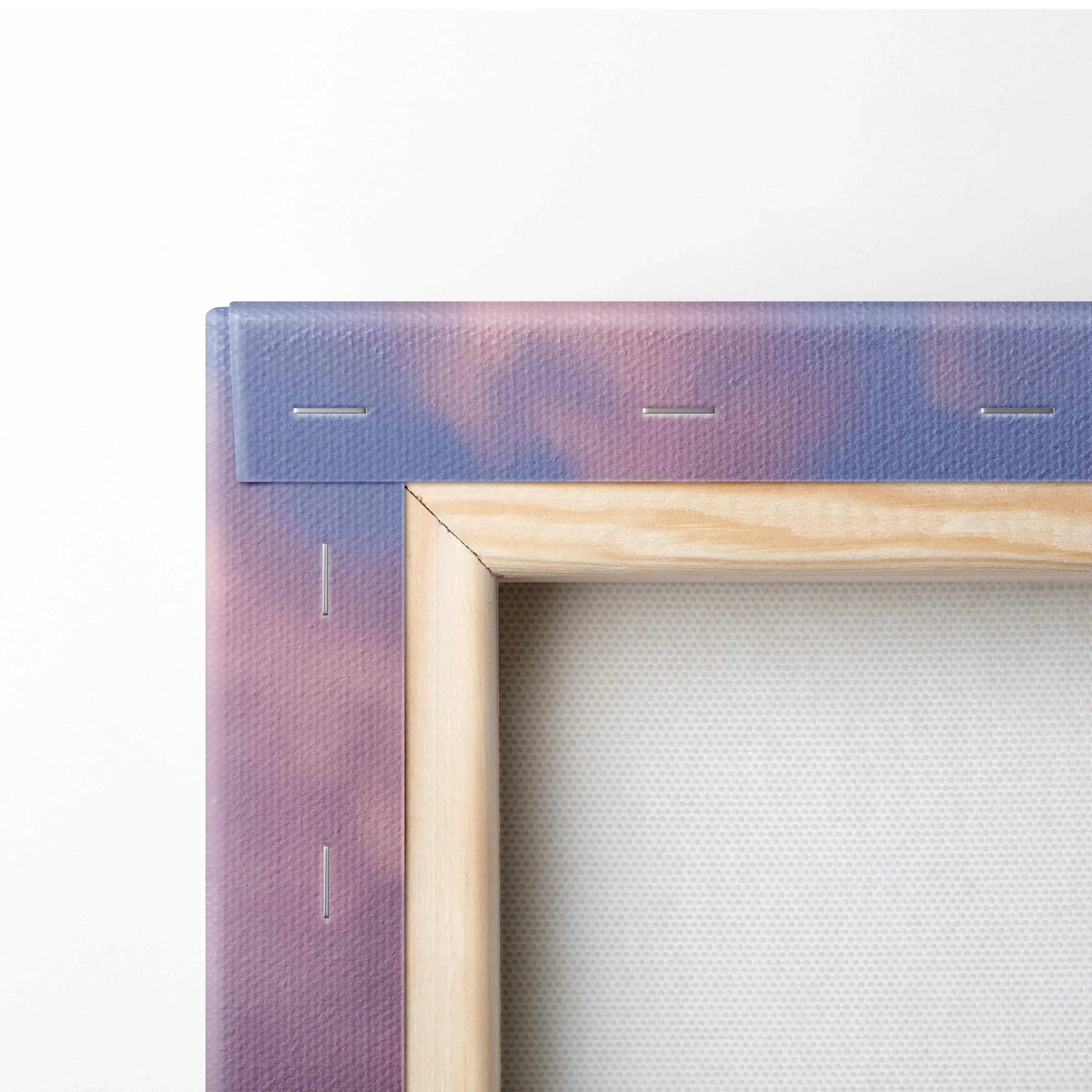 Close-up of Subaru WRX sunset car canvas wall art with wooden frame and rolled edges.