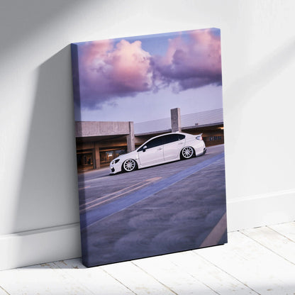 Subaru WRX white car parked under purple sunset sky on vertical canvas wall art.