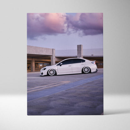 White Subaru WRX parked on rooftop under purple sunset sky vertical canvas wall art.