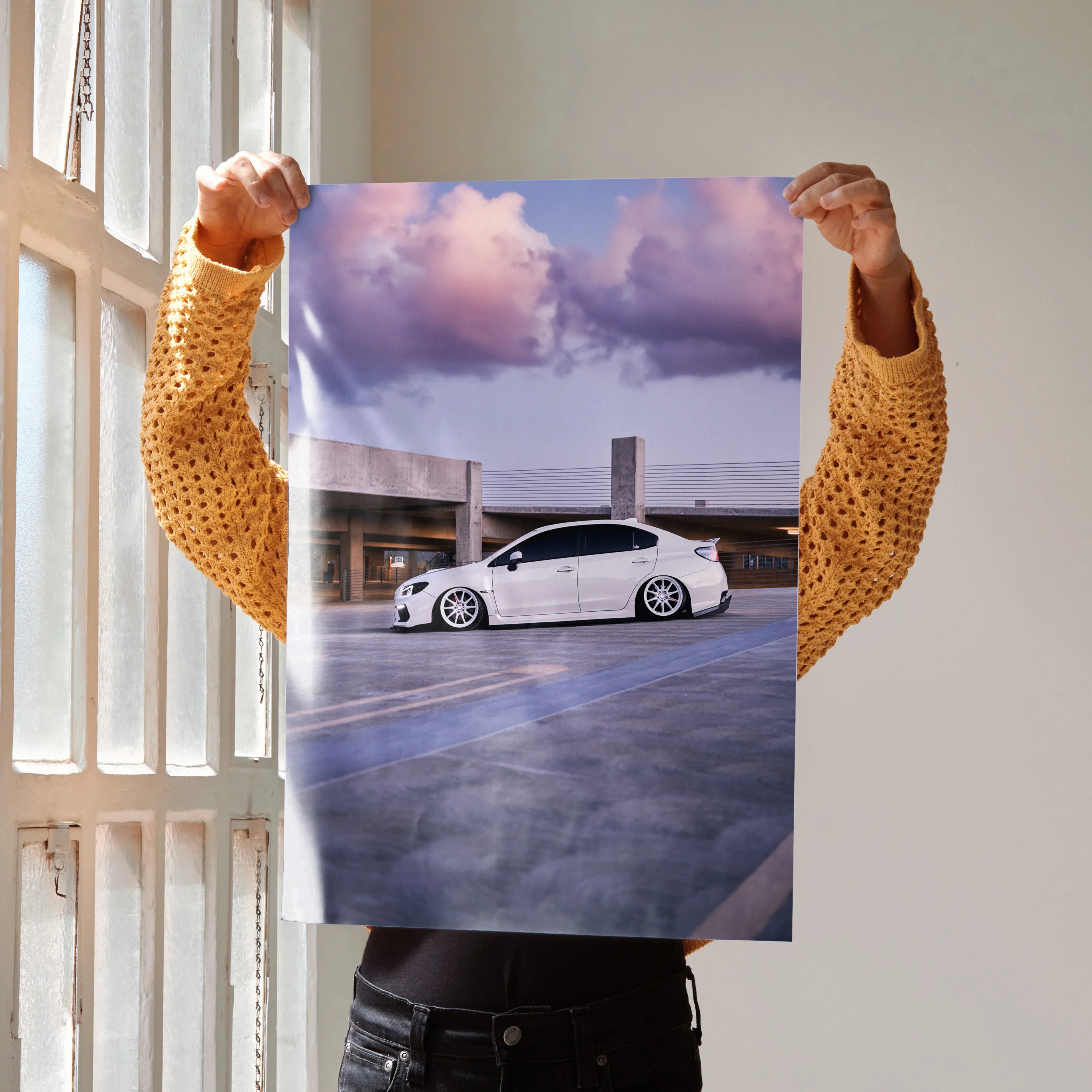 Subaru WRX white car parked under purple sunset sky poster wall art print.