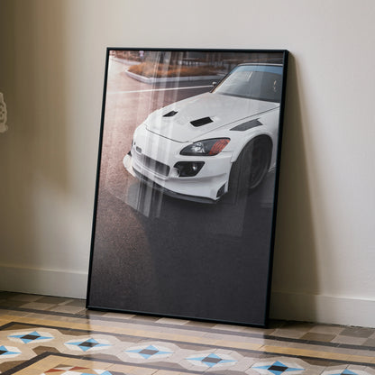 Honda S2000 white sports car poster leaning against wall, high resolution automotive wall art.