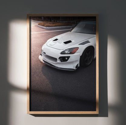 Honda S2000 white sports car close-up poster wall art with sleek front bumper and hood vents.