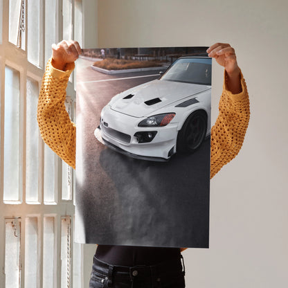 White Honda S2000 sports car poster showcasing front view, perfect wall art for enthusiasts.