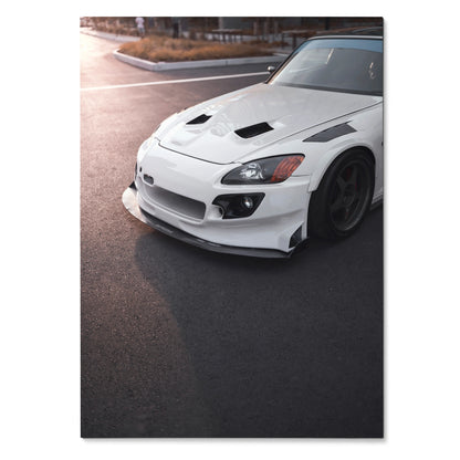 White Honda S2000 close-up front view poster with sporty hood vents and sleek design wall art.