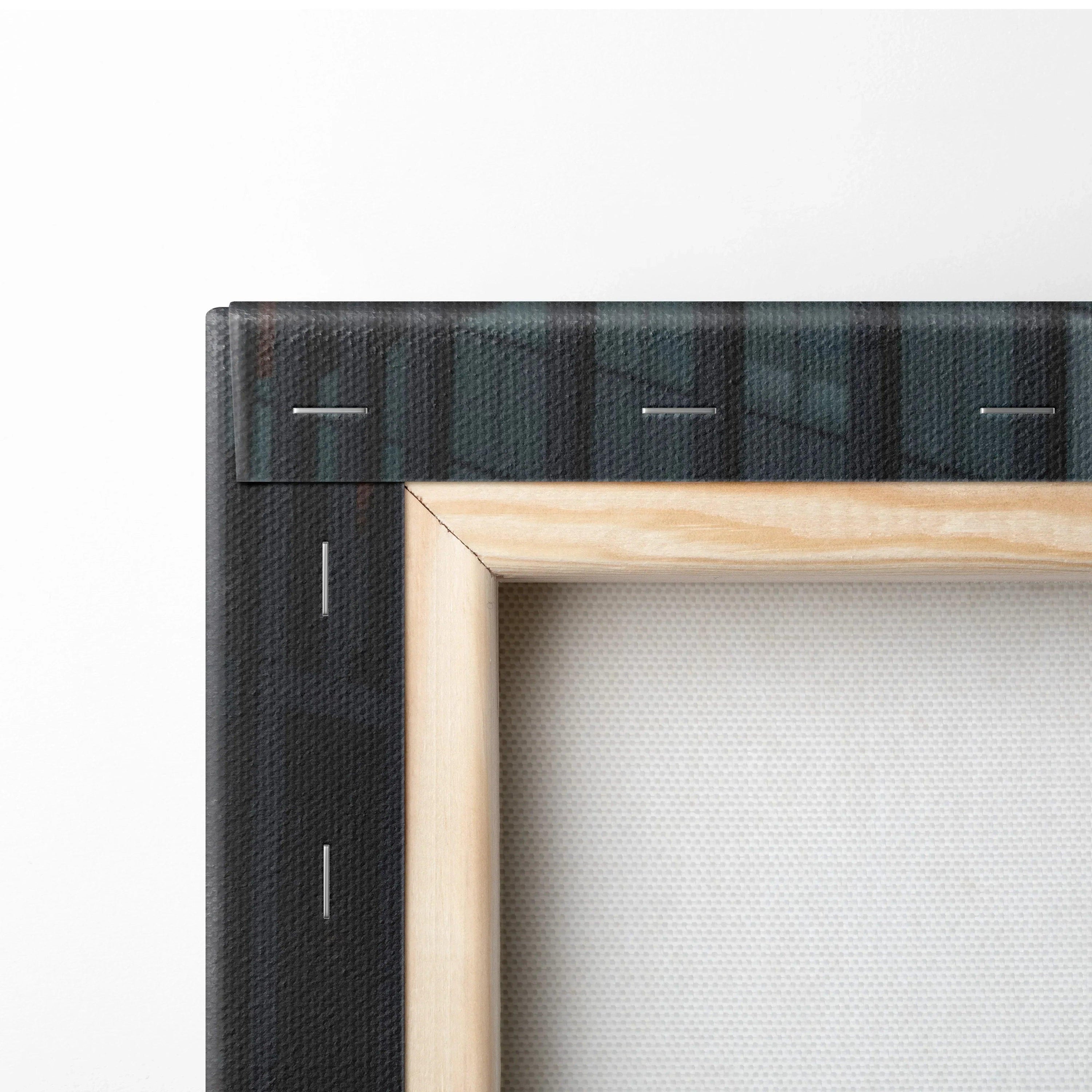 Close-up of wooden frame corner and black canvas edge with fine texture in wall art canvas print.