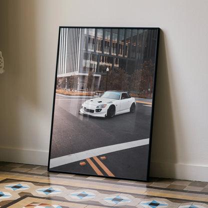 Honda S2000 white sports car poster leaning against wall, automotive wall art.