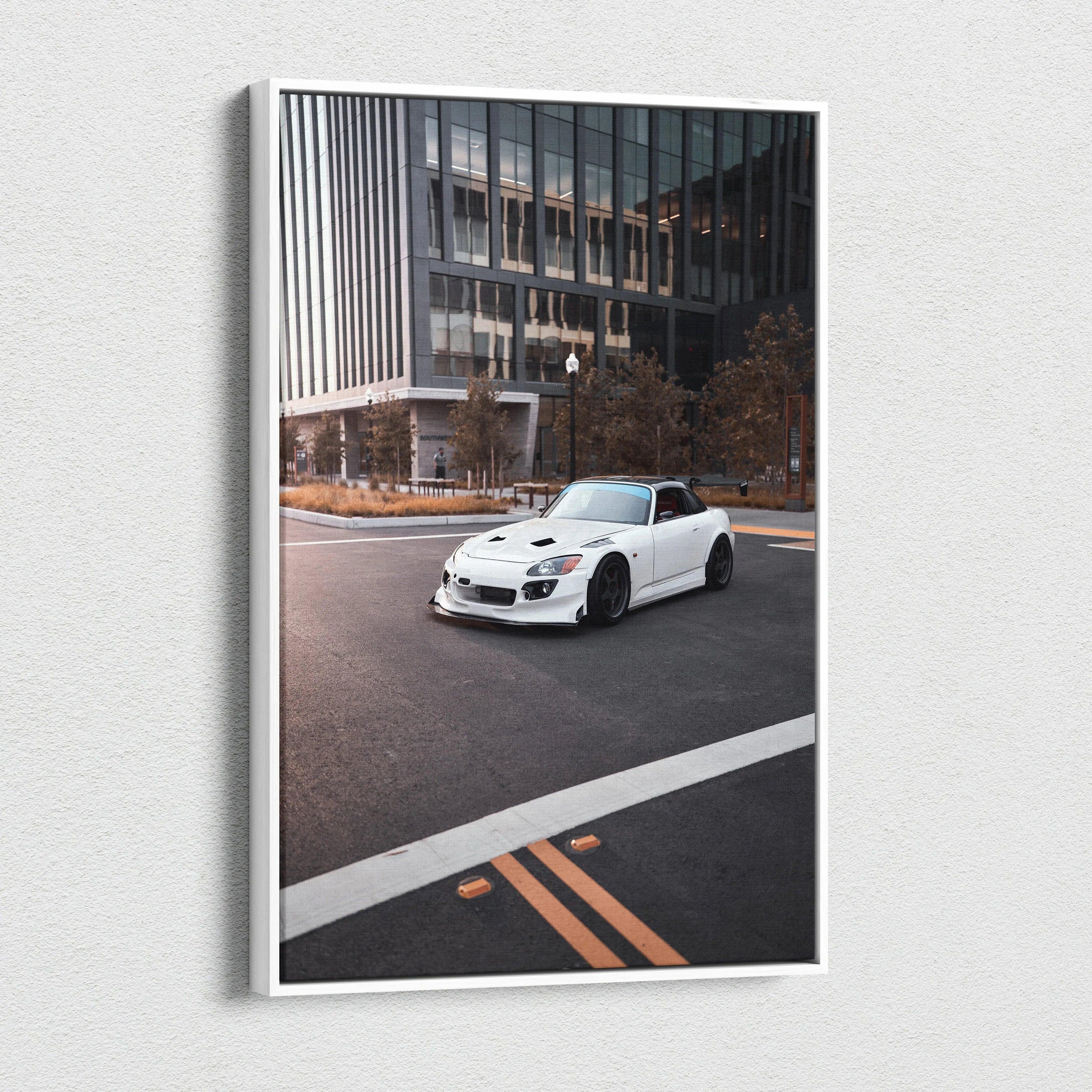 White Honda S2000 sports car on city street canvas wall art print.