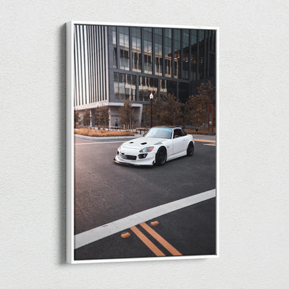 White Honda S2000 sports car on city street canvas wall art print.