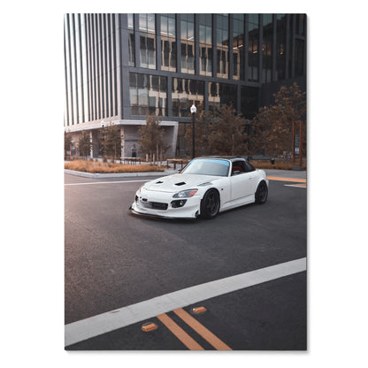 Honda S2000 white sports car parked in urban setting poster wall art.