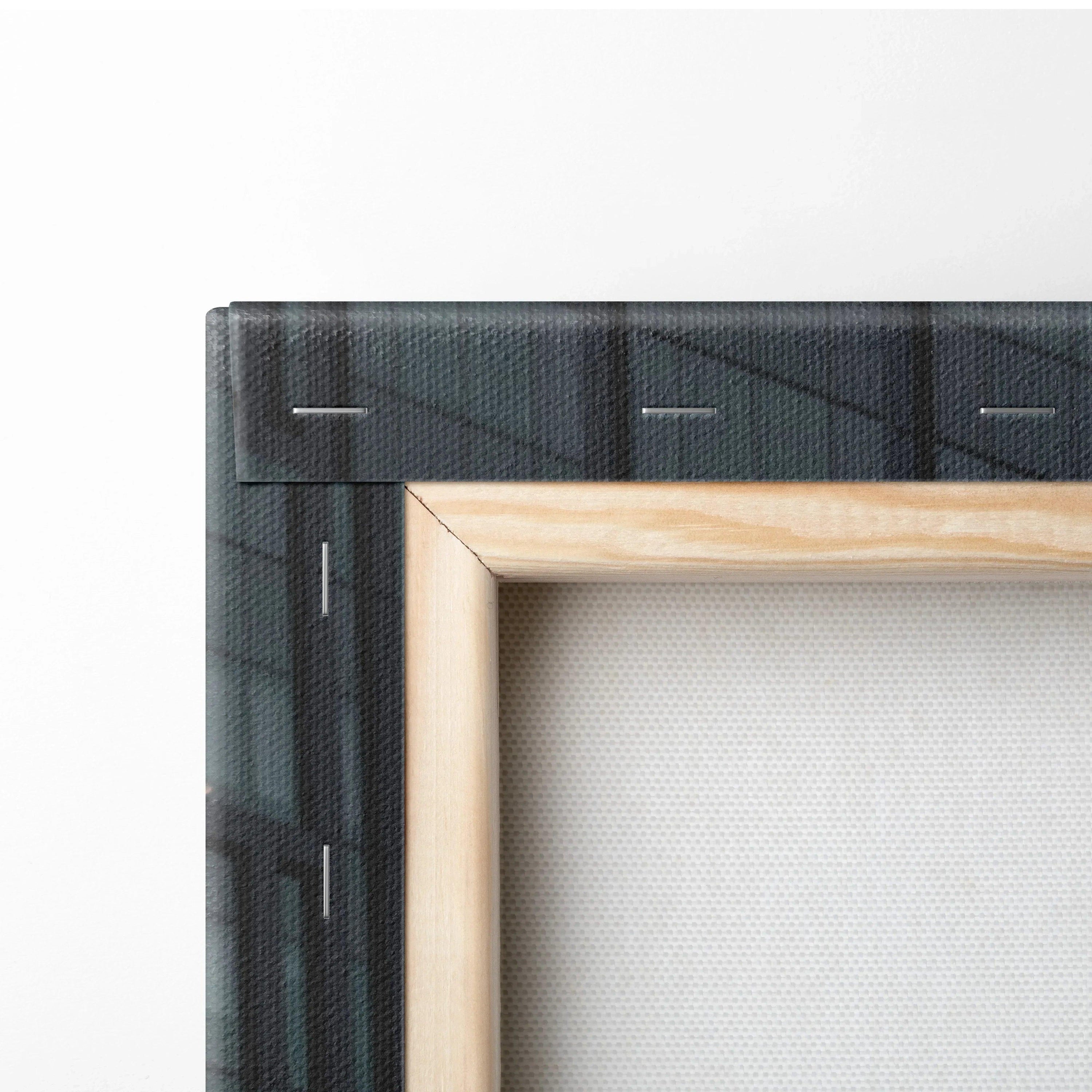 Close-up of black textured canvas border with visible wood stretcher bar of vertical canvas art wall art.
