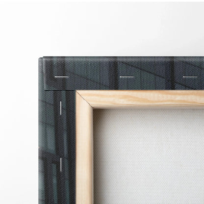Close-up of black textured canvas border with visible wood stretcher bar of vertical canvas art wall art.
