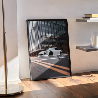Honda S2000 poster featuring a white sports car in front of modern glass architecture, wall art for automotive lovers.