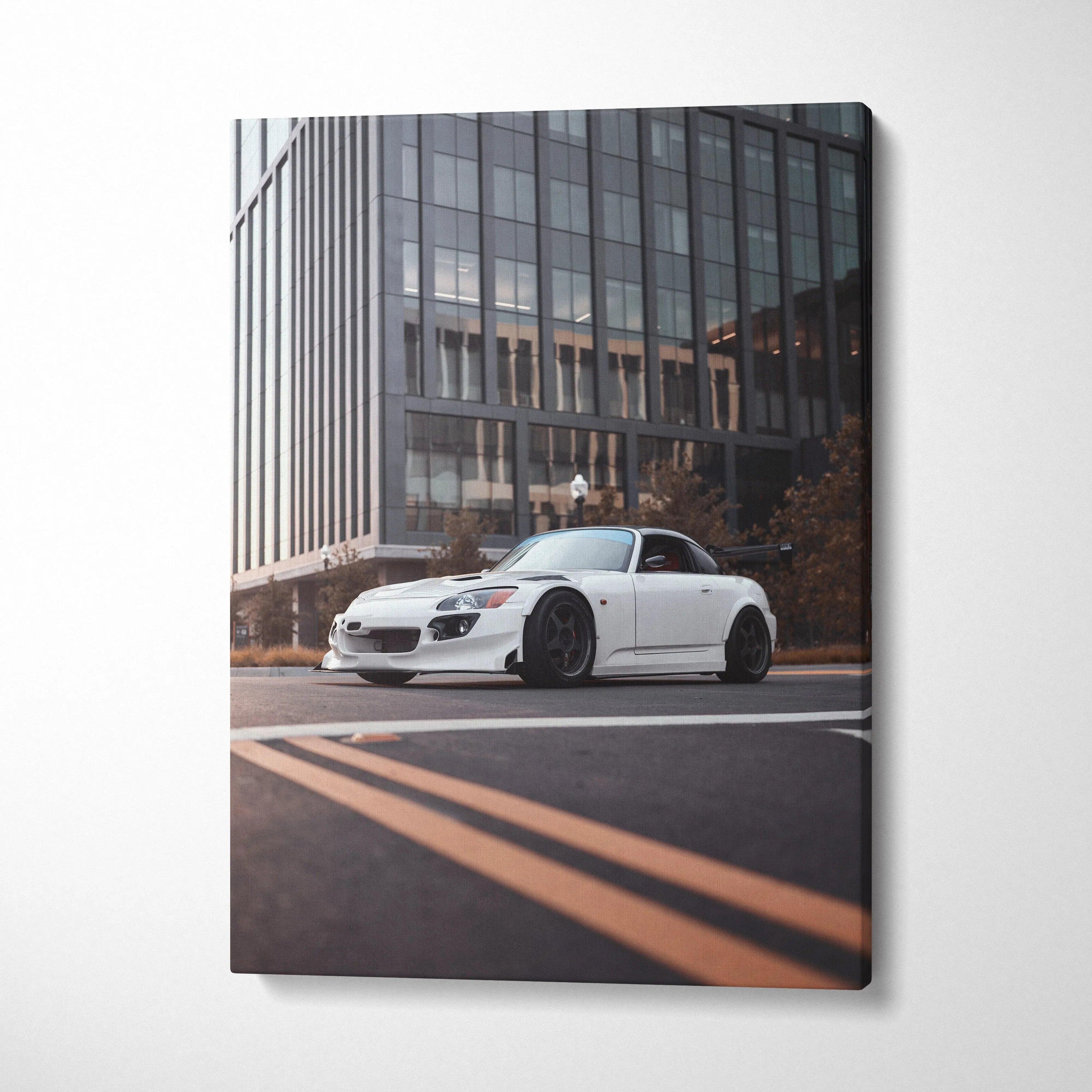 Honda S2000 white sports car on city street canvas art wall art print.