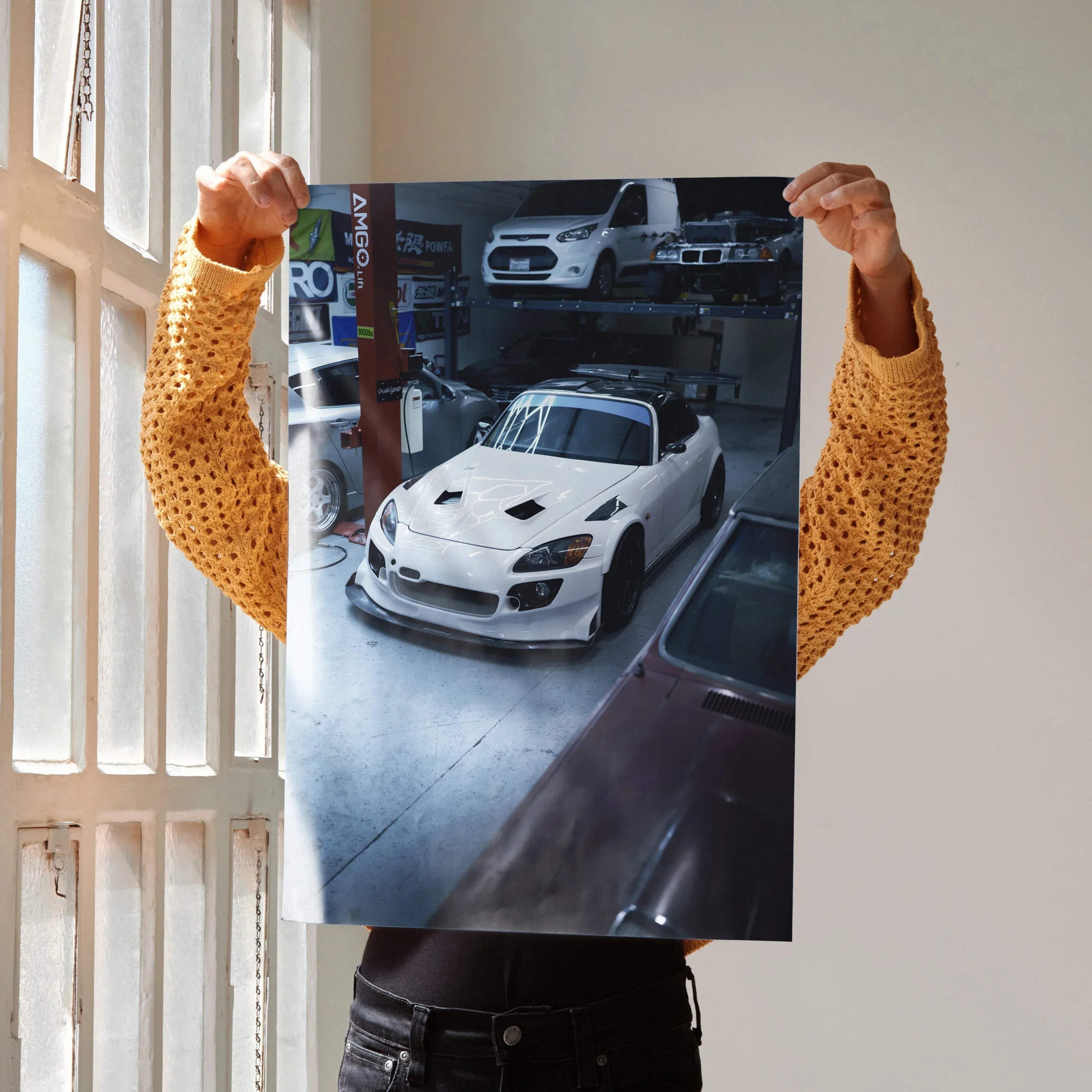 Honda S2000 white sports car detailed automotive poster wall art with workshop background.