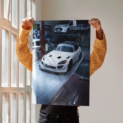 Honda S2000 white sports car detailed automotive poster wall art with workshop background.