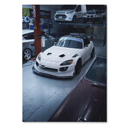 Honda S2000 white sports car in garage poster, automotive wall art with high detail.