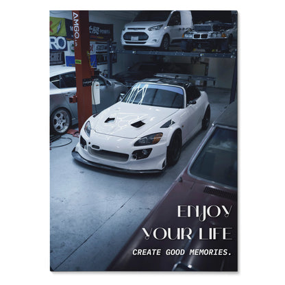 Honda S2000 white sports car in garage motivational poster wall art with inspiring text.