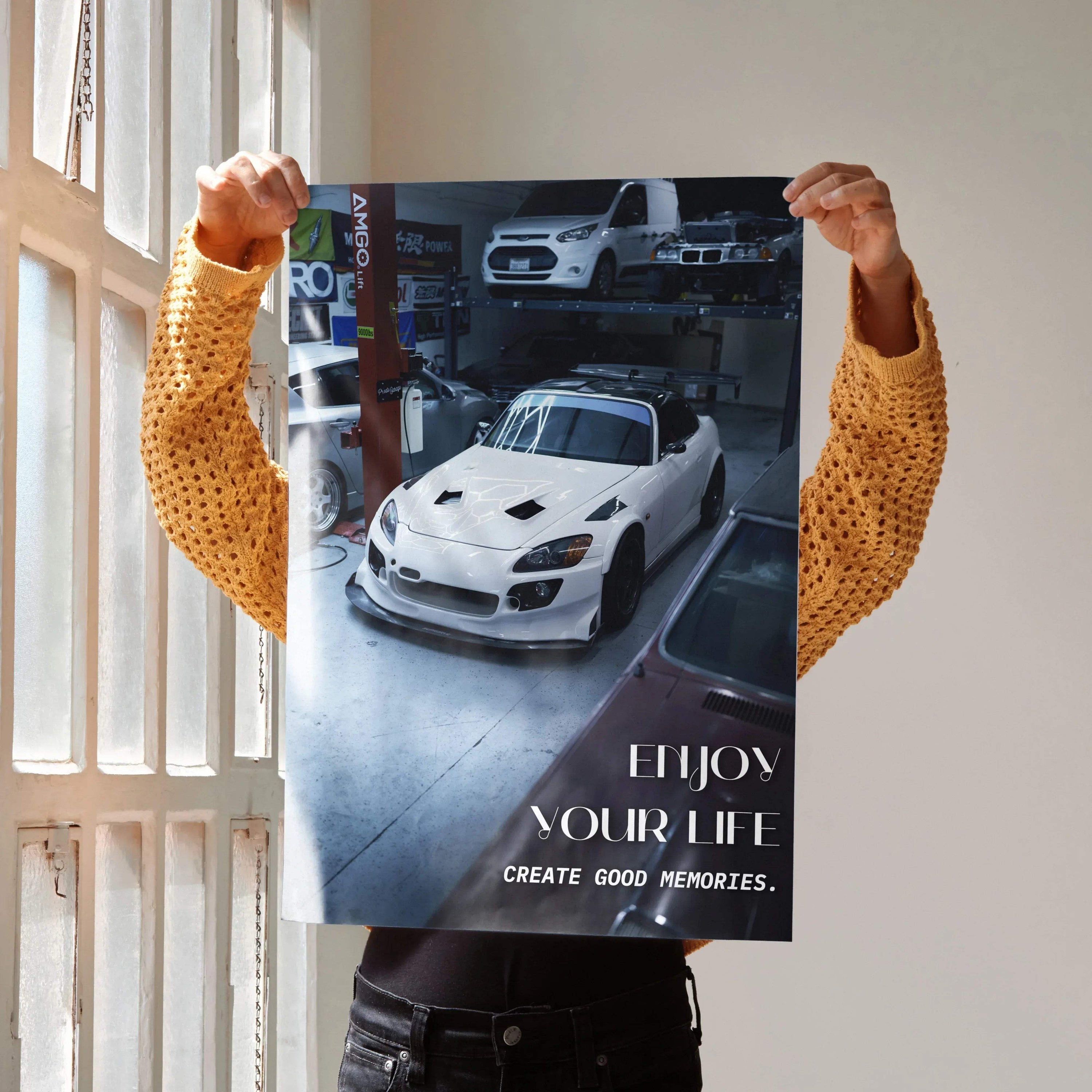 Honda S2000 white sports car poster wall art with motivational text "Enjoy Your Life".
