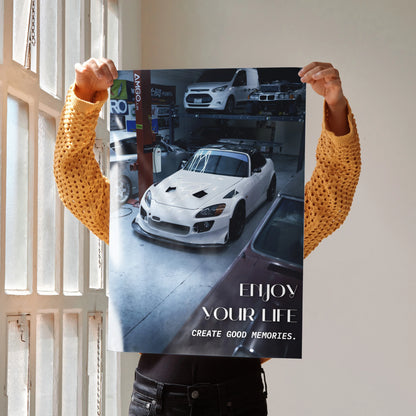 Honda S2000 white sports car poster wall art with motivational text "Enjoy Your Life".