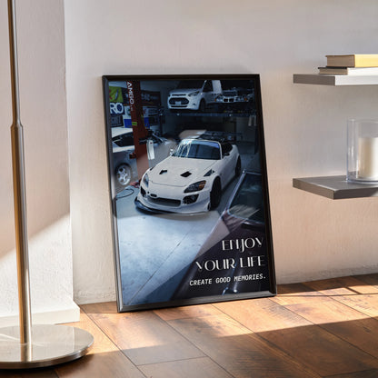 Honda S2000 motivational poster wall art with sleek white sports car and inspiring text.