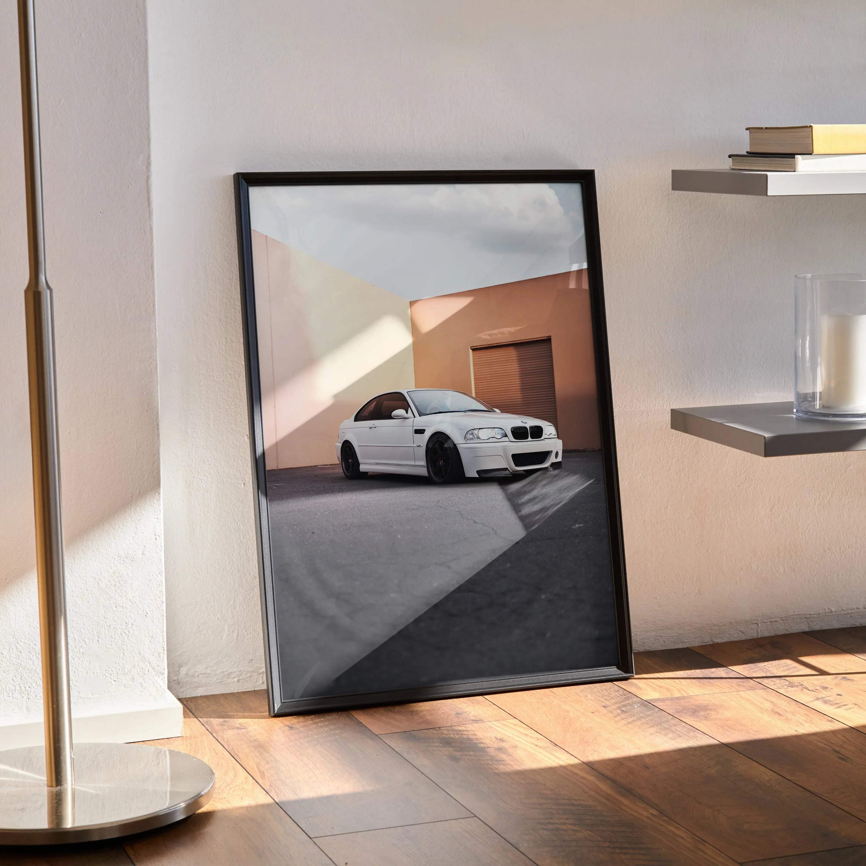 BMW E46 M3 white car poster with modern architectural background, framed wall art.