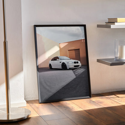 BMW E46 M3 white car poster with modern architectural background, framed wall art.